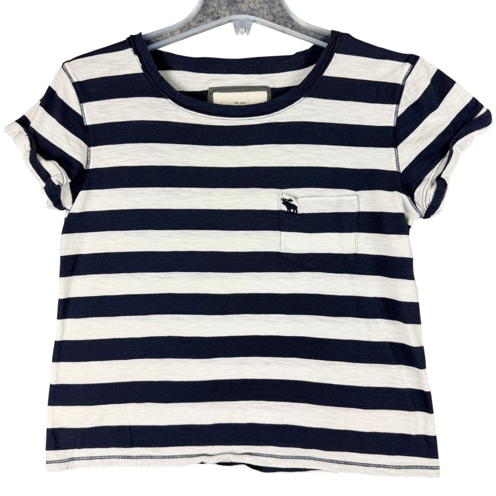 Y2K Abercrombie & Fitch NY Women M Navy White Striped Moose Chest Pocket T-Shirt